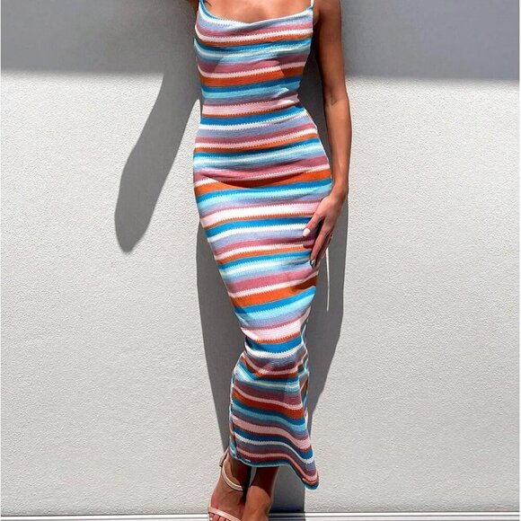 Women's Crochet Maxi Dress Polyester Small Open Back Sleeveless Vacation - Picture 3 of 6